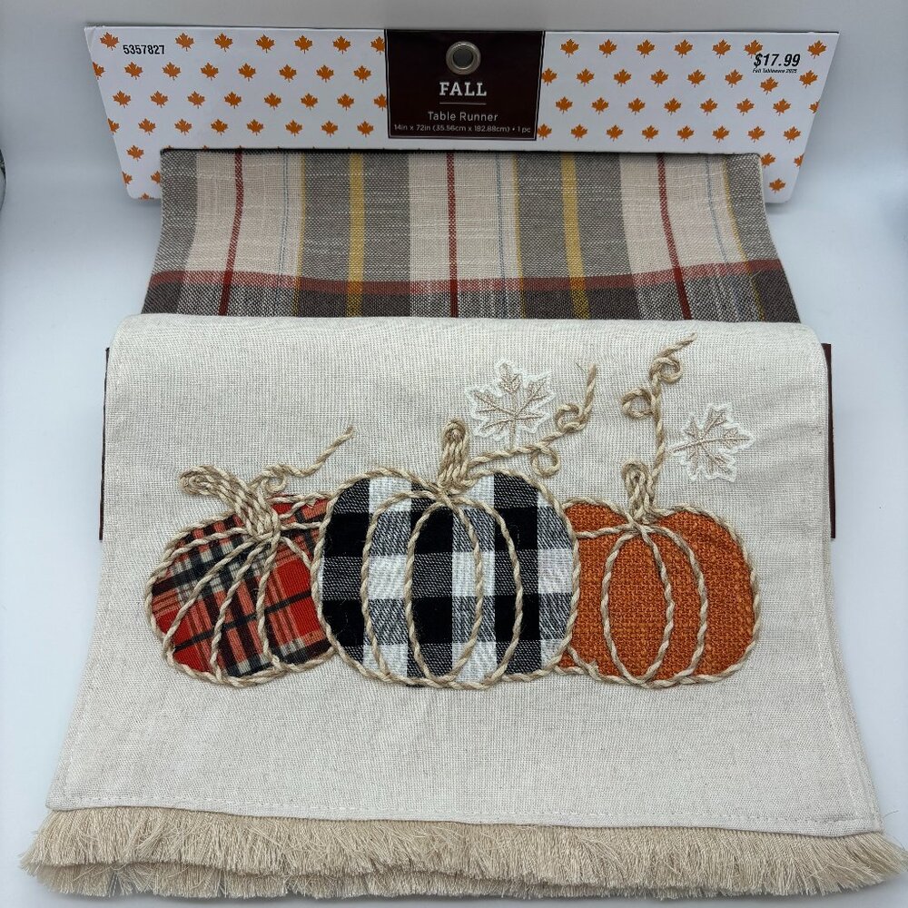 Brother Sister Design Studio Fall Beige Plaid & Patterned Pumpkins Table Runners